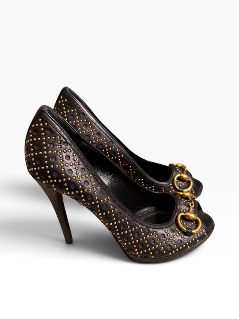 GUCCI Studded Black Leather Horsebit Peep-Toe Platform Pumps Sz 35.5